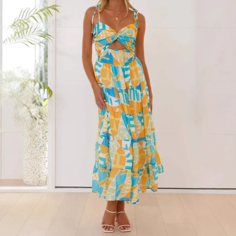 Elegant Mid-Length Sleeveless Backless Floral Print Dress Women's Spring Summer V-Neck High Waist European American Style