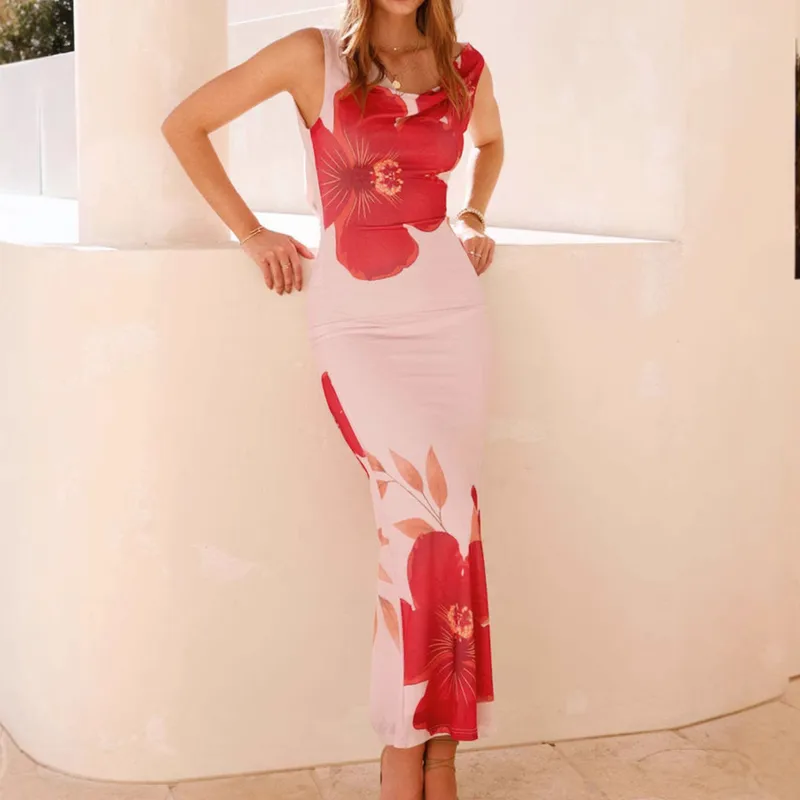 Elegant Long Backless Floral Print Slimming Dress Women's Sexy Strapless Gown High Waist Ankle-Length European Street Style
