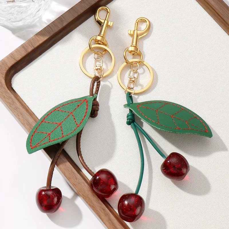 New Miu Series Fashionable High Aesthetic Value Simulated Leather Cherry Leaf Resin Sparkling DIY Keychains Zinc Alloy Sweet Cool Style