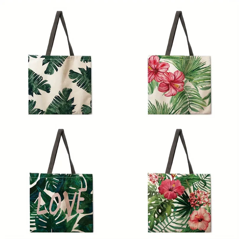 Ladies Green Plant Print Reusable Shopping Tote Bag Shoulder Handbag Polyester Medium Size Fashionable Eco-Friendly Bag