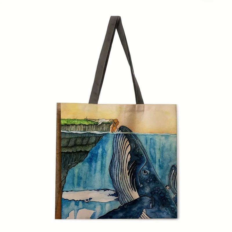 Ocean Whale Print Ladies Shoulder Tote Bag Reusable Shopping Handbag Polyester Medium Size Women's Fashion Eco-Friendly Bag