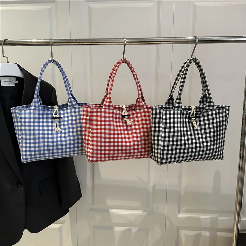 Trendy Canvas Grid Fresh Artistic Campus Large Capacity Fashionable Commuter Single Shoulder Handbag Women's Bag Summer