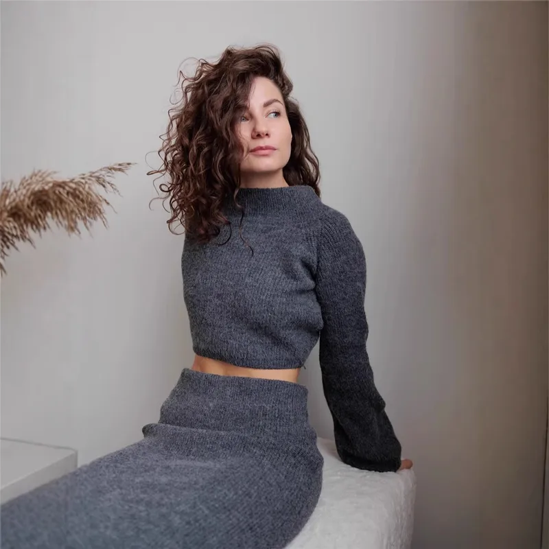 Women's Knitted Sweater And Skirt Set One-Shoulder Elegant Style Long Sleeve Pure Color Casual Fashion Autumn Winter New Arrival