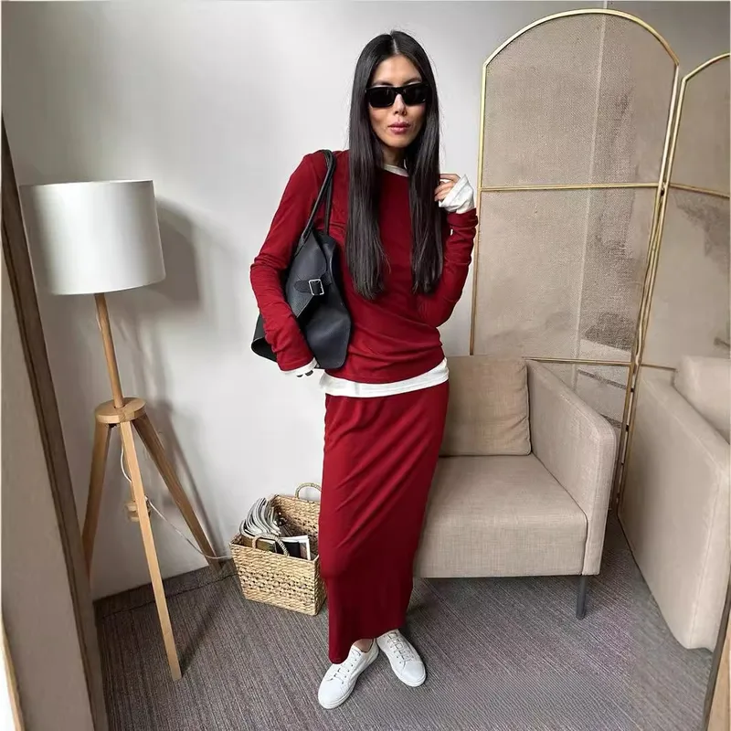 Comfortable Modal Ladies Casual Set Autumn Winter New Style Long Sleeve Wide Leg Pants Red Christmas Two Piece Set Fashionable Leisure Outfit
