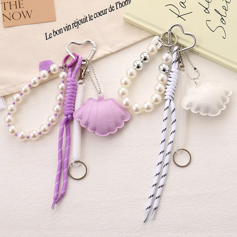 Elegant Cotton Filled Shell Mobile Phone Pendant Women's Handbag Accessories Bow String Beads Chain Marine Theme Crafts