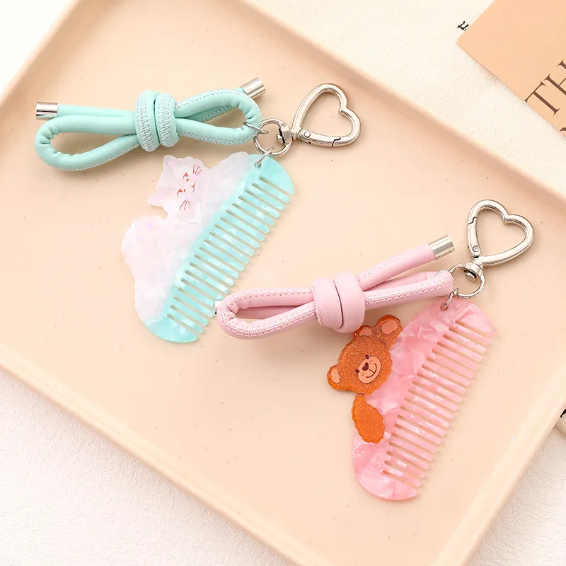 Cute Little Bear Acetate Comb, Leather Rope, Bow, Mobile Phone Lanyard, Multi-functional Keychain Pendant, Semi-handmade Design