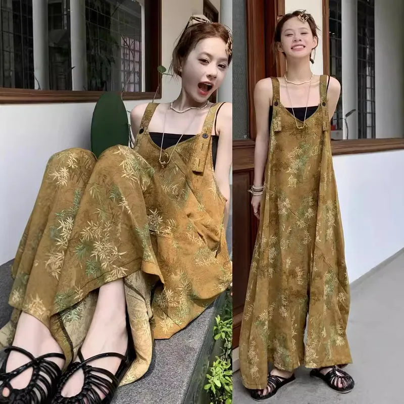 Summer New Style Women's Casual Wide Leg Pants One Piece Suit V Neck Printed High Waist Long Pants Bamboo Fiber Polyester