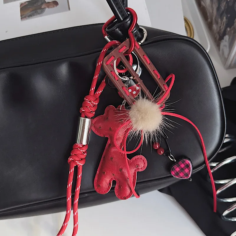 Modeling Cute Bear Leather Key Chain Package Pendant Woven Decorative Miu Style Mixed Aesthetic Animal Pattern Pu Material Decorative Accessories