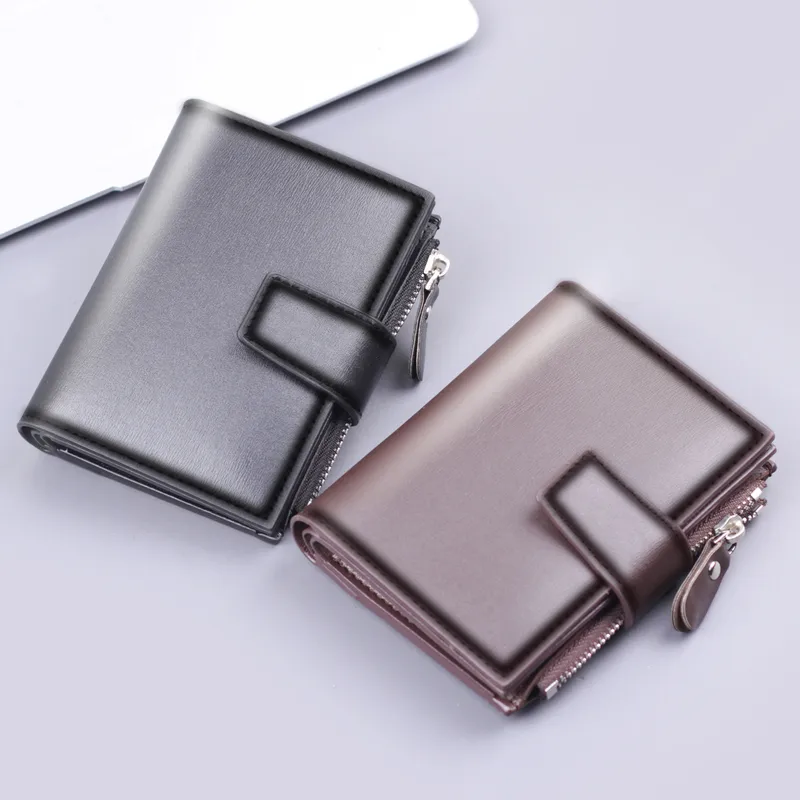 Men's Vertical Design Short Zipper Wallet Button PU Leather Multifunctional Card Holder Simple Style Ultra Light Solid Color Lining