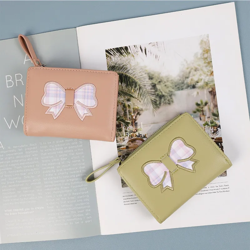 Fashion Bowknot Wallet Women's Short Cute PU Leather Multifunctional Bifold Zipper Coin Purse Sweet Cartoon