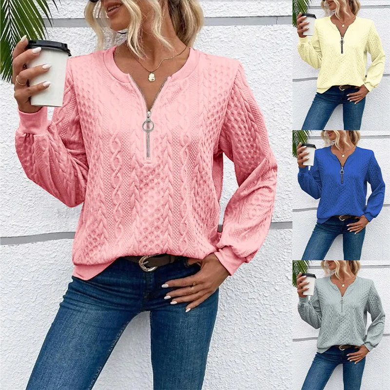 Casual Round Neck Long Sleeve Hoodie Women's Fashion Zipper Sweater Comfortable Polyester Blend Regular Style Hoodie