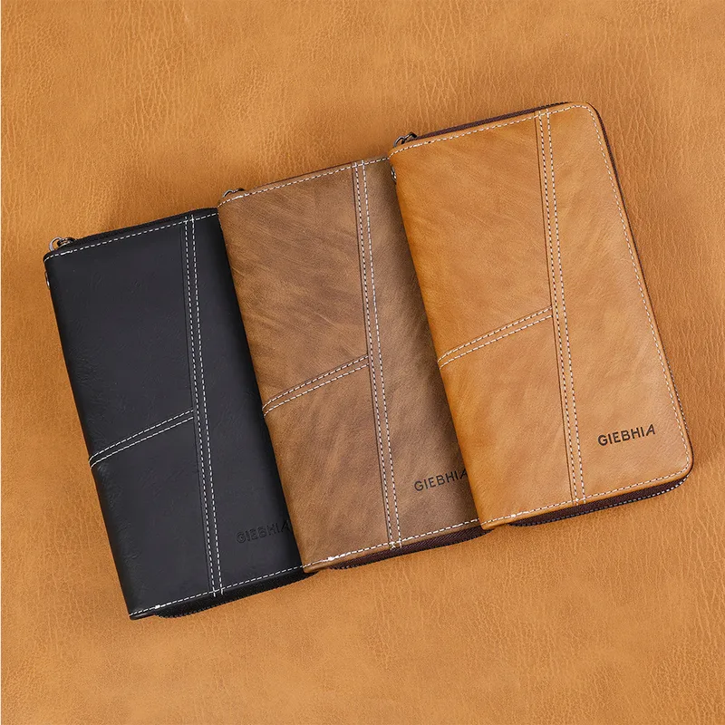 Vintage Zipper Men's Wallet Multi-Functional Fashion Leather Texture Large Capacity Men's Credit Card Holder Breathable Polyester Lining