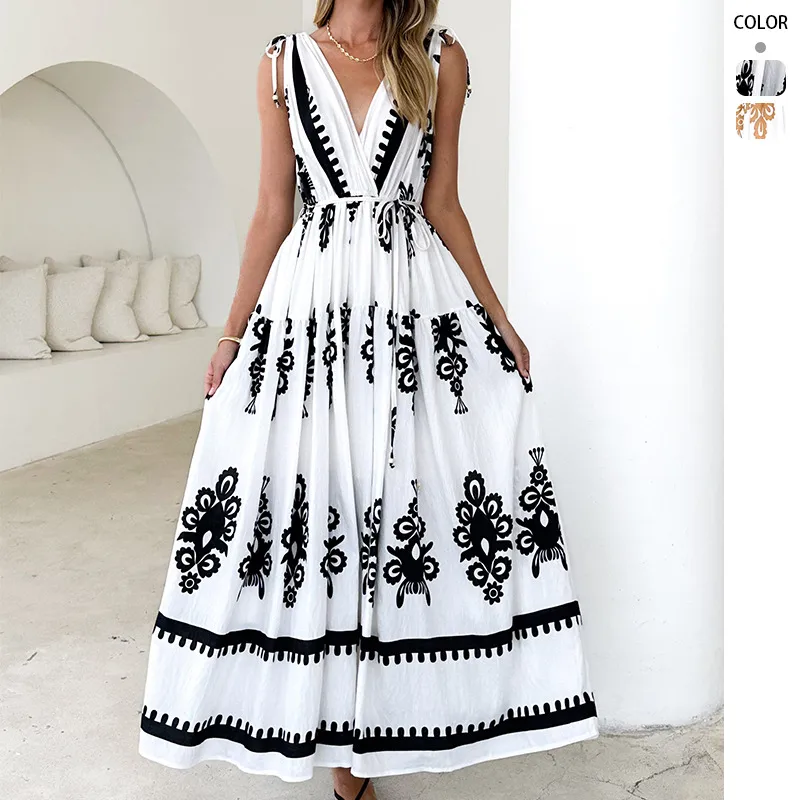 Summer New  Printed V-neck Waist-Slimming Long Dress Women's Dress Floral Pattern 3D Design Polyester Fabric Short Sleeve A- Line Skirt Loose Waist