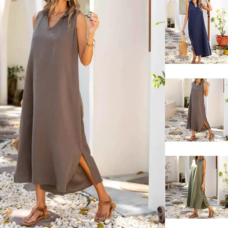 Casual V-neck Sleeveless Women's Dress Spring And Summer New Loose Waist And Ankle Solid Color  Style