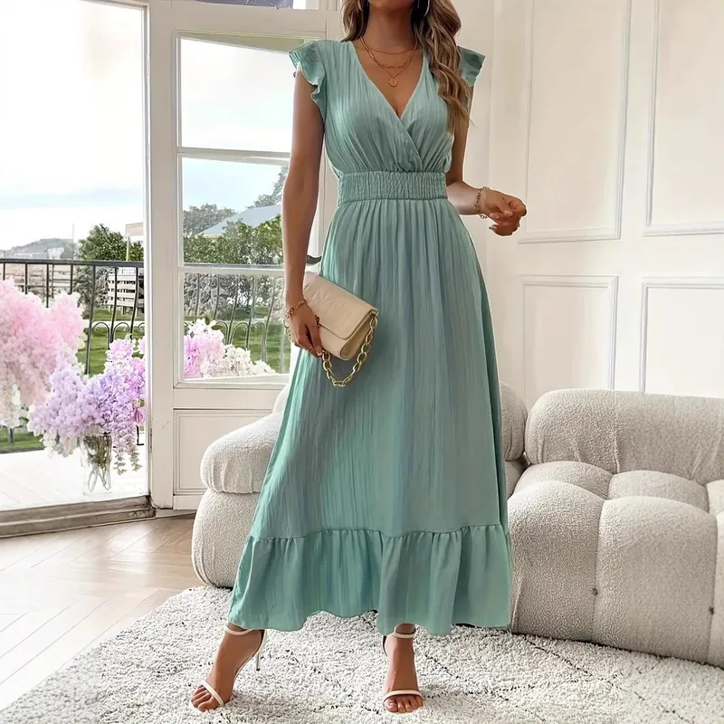 Elegant Long Summer Dress European Style Short Sleeve Women's Fashion  V-neck Ankle Length Commuter Style Design