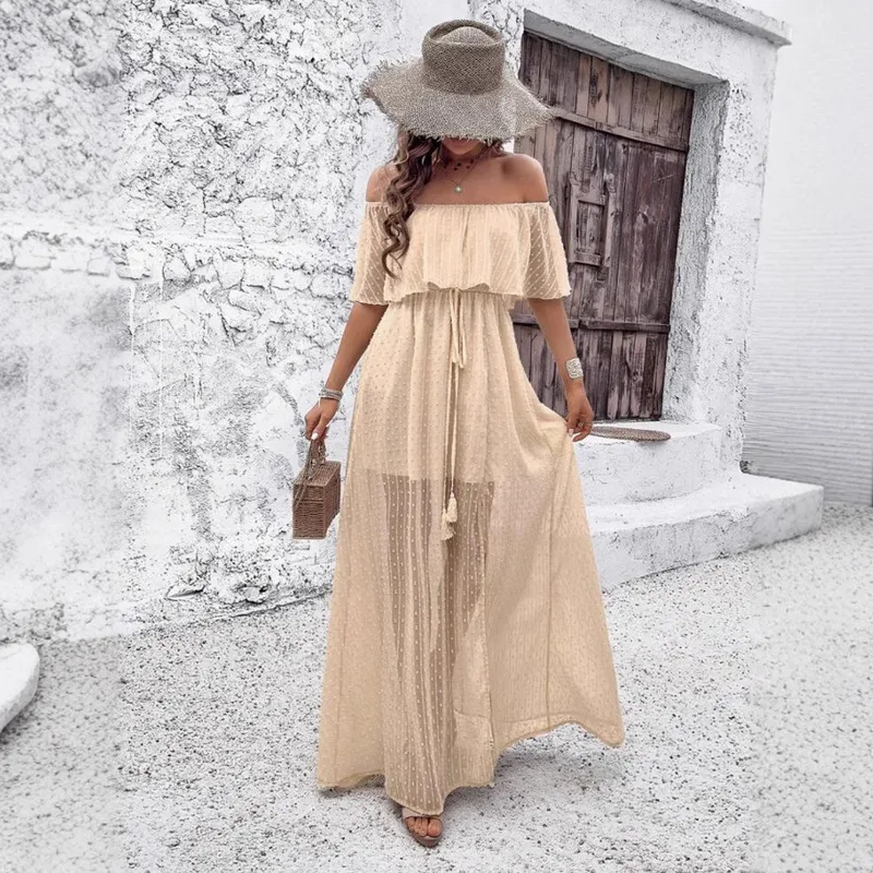 Summer  New Sexy One Shoulder Solid Color Dress, Elegant Ankle Fairy Dress, Elastic Waist Short Sleeve