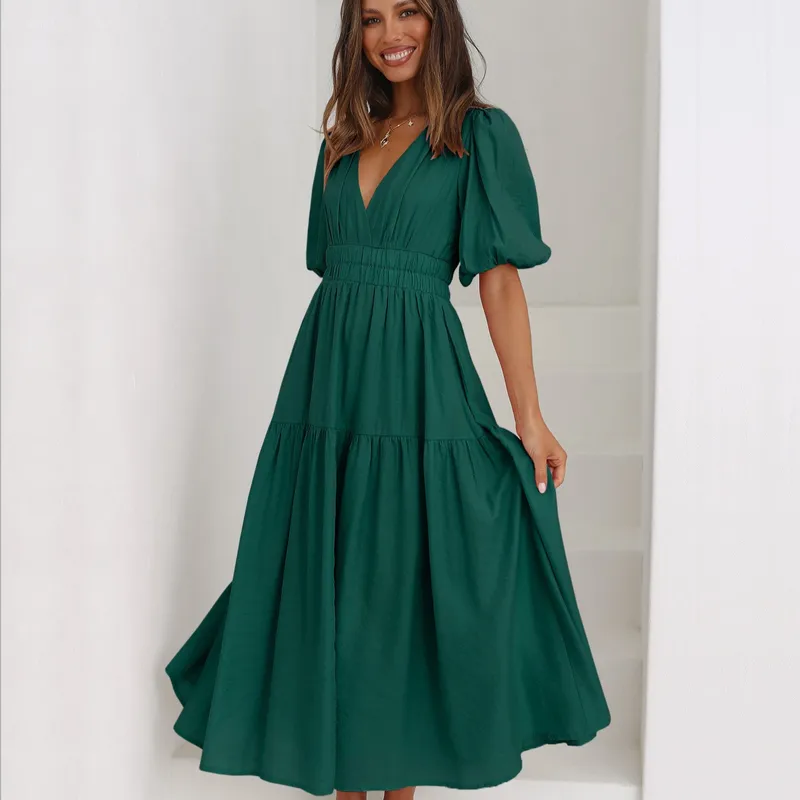 Summer New Deep V-neck Puff Sleeve Holiday Dress Elegant A- Line Midi Dress Polyester Fabric Short Sleeve Women's Fashion