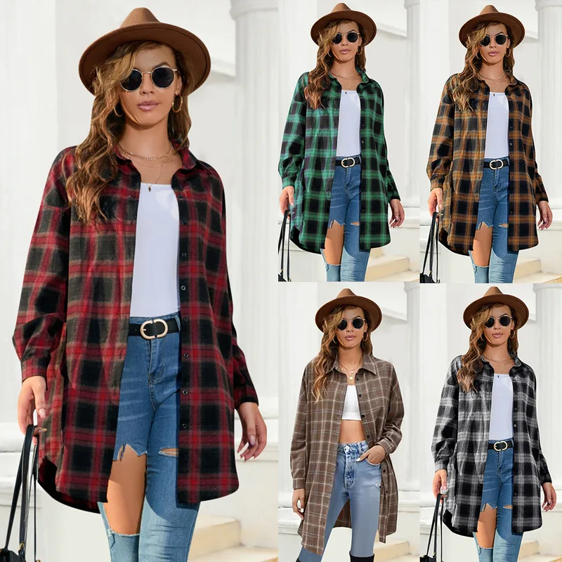 Plus Size Women's Plaid Shirt Long Sleeve American Retro Coat Fall Mid-Length Geometric Pattern Polyester Loose Design