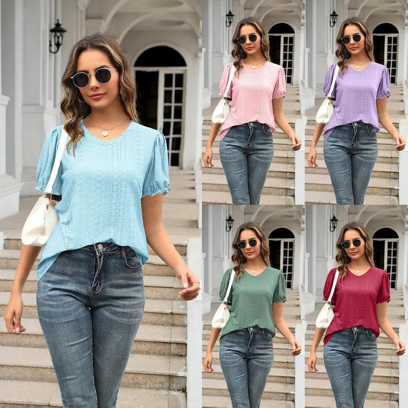 Summer  Women's European T-shirt V-neck Stitching Flanging Short Sleeve Fresh Sweet Style Polyester Fabric Regular Sleeve
