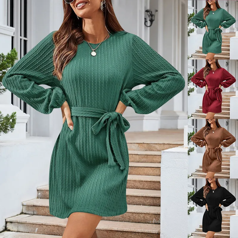 Autumn And Winter New Casual Knitted Dress European Ladies Fashion Belt Long Sleeve Twist-Knot Ruffles Ankle-Length Dress