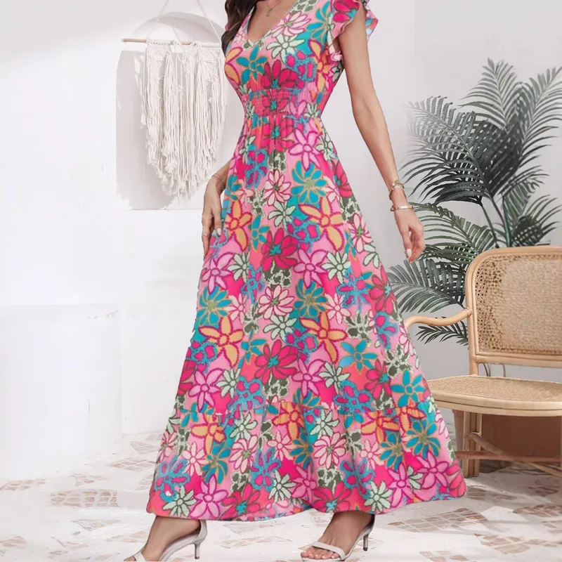 Summer New Sweet Floral Print Mini Dress  Style Holiday Fashion V-neck Sleeveless Elegant Ankle Length