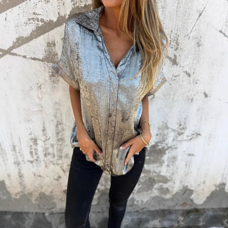 Summer New Loose Golden Embossed Short Sleeve Stand Collar Shirt Women's Comfortable Breathable Polyester Blend Casual Business Suit