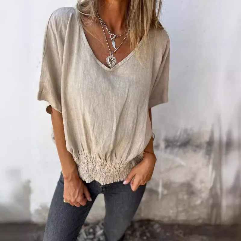 Casual Cotton And Linen Women's T-shirt V-neck Summer New Push Up Top Comfortable Breathable Short Sleeve T-shirt