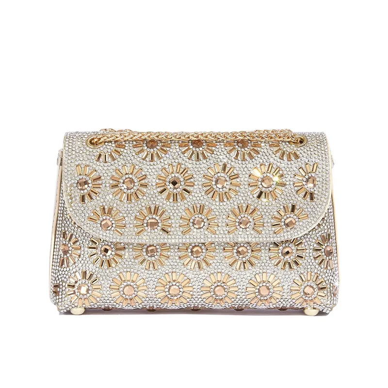 Fashion Rhinestone-Encrusted Chain Shoulder Bag Women's The Dinner Party Bag Fashion Compact Square PU Leather Handbag Strap Polyester Fiber Lining