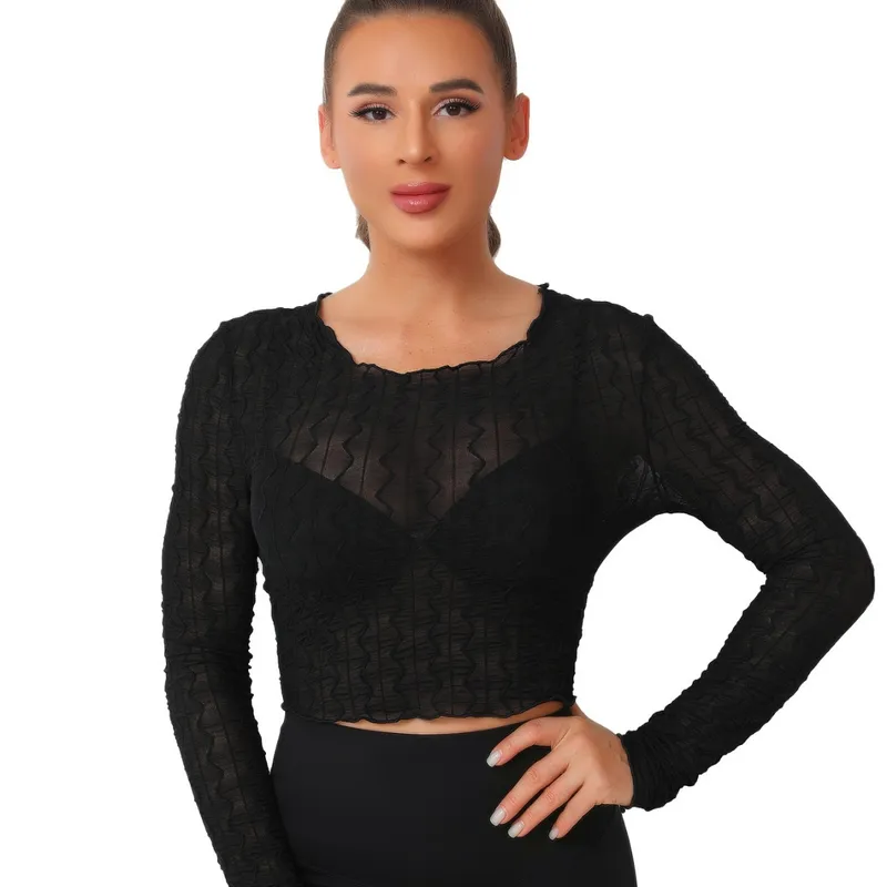 Elastic Mesh Hollow Out Long Sleeve T-shirt With Bowknot Ear Design Women's Elegant Commuter Style Round Neck Top Polyester Lycra Material
