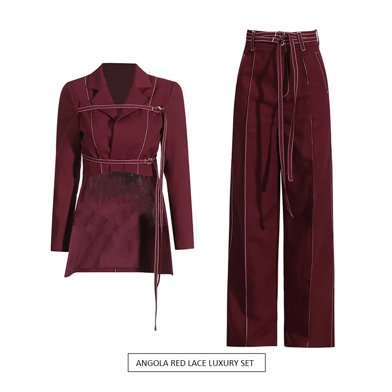 Elegant Angora Red Two-Piece Set High Waist Belted Pants Asymmetric Hem Long Sleeve Fashion Casual Women's Suit