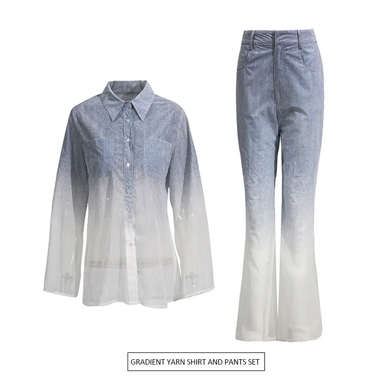 Fashionable Casual Gradient Denim Shirt High Waist Bell Bottom Pants Set Elegant Long Sleeve Women's Two Piece Set