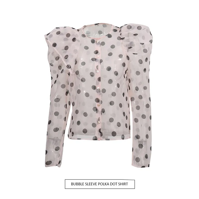 Women's Casual Fashionable Shirt Round Neck Long Sleeve Breathable Mesh Top Single Button Round Dot Pattern Comfortable Shirt