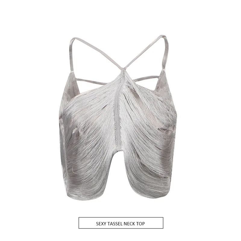 Sexy Asymmetric Hanging Neck Top Tassel Trim Sleeveless Pure Color High-End Feeling Vest Women's Trendy Clothing