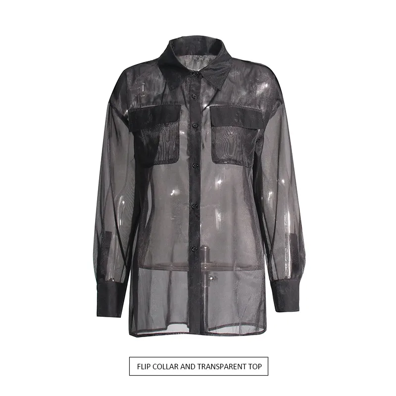 Elegant Thin Summer New Design Mesh See-through Loose Casual Women's Shirt Pure Color Long Sleeve Business Casual Top