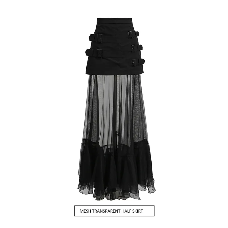 Fashionable Mesh Half Skirt For Women In Solid Color With Splice See-through Design Ankle-length A-line Skirts Street Style