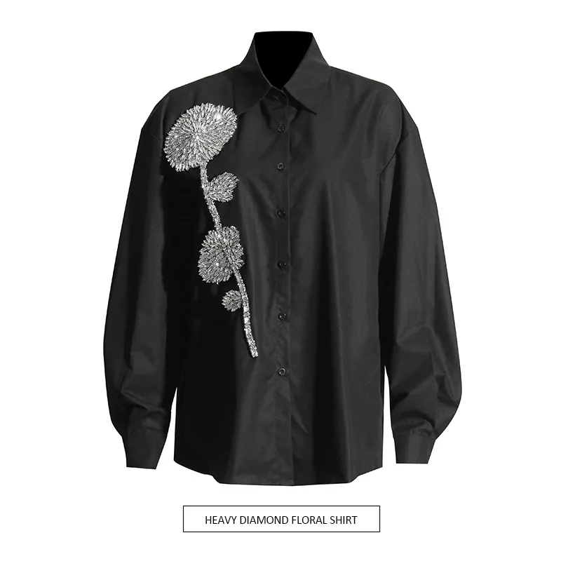 Elegant Commuter Style Loose Women's Shirt Diamond Embedded Versatile Mid-Length Casual Top Summer Fashion Trend 2025