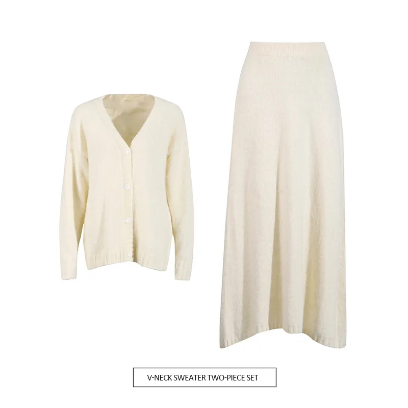 Fashionable Casual Knitted Set Women's V-neck Open Cardigan Plus Gentle Solid Color Mini Skirt Two-piece Trendy Cotton Polyester Clothing