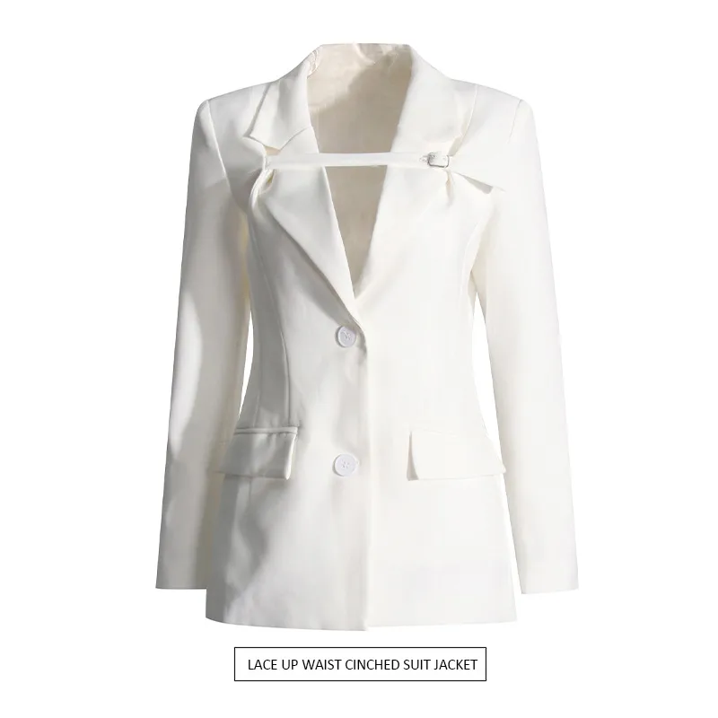 Slim Fit Solid Color Suit Coat Women New Style Casual Long Sleeve Button Design Belt Design Splicing Coat