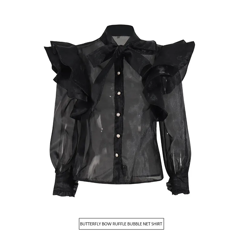 Elegant Auji Shalei Si Shirt Women's Fashion Design Sleeve Length Stand Collar Puff Sleeve Retro Style Solid Color Single Button