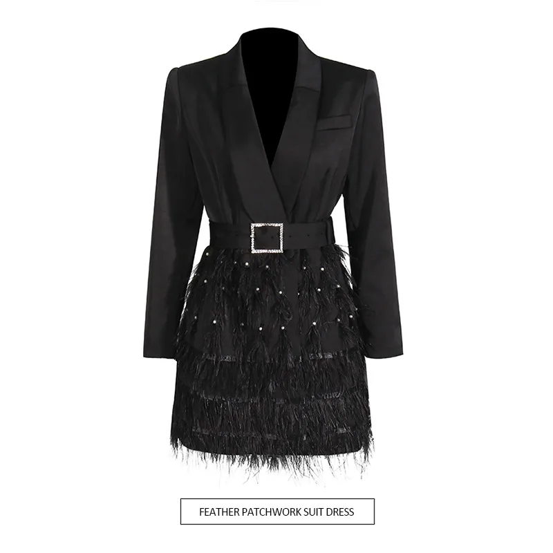 Elegant Short Slim Fit Dress With Heavy Bead And Feather Design Ladies' Suit Jacket Cotton Polyester Long Sleeve Dress