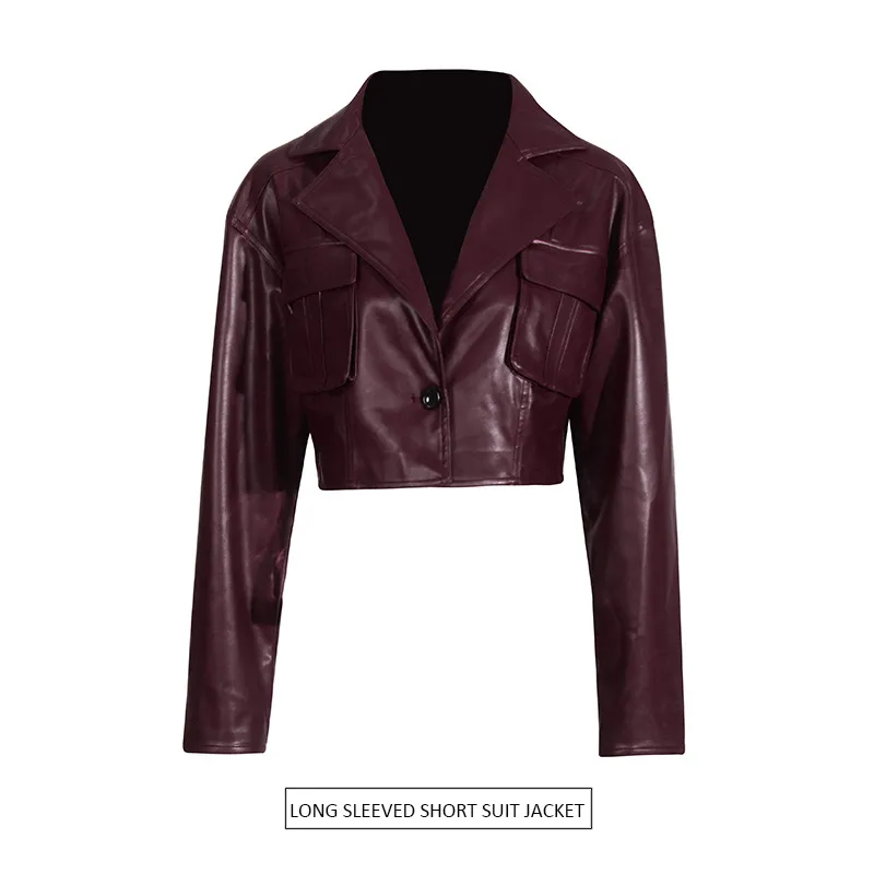 Ladies Short PU Leather Jacket Motorcycle Style Belt Design Summer New Large Collar Splicing Fashion Outerwear Long Sleeve
