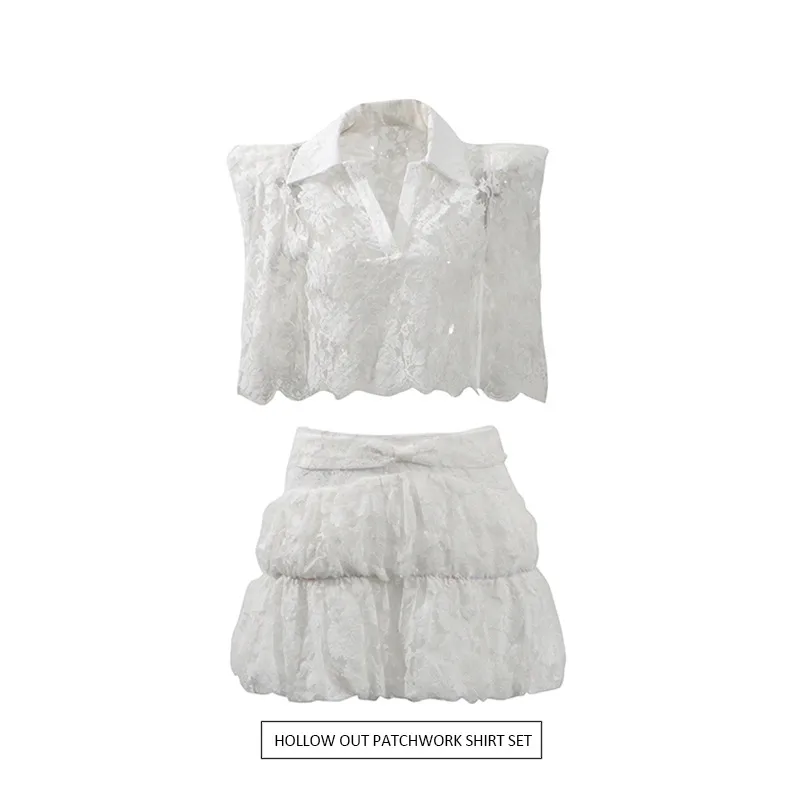 Fashionable Sexy Pure Desire Style Set New 2025 Lace Hollow Out Short Top High Waist Mini Skirt Women Casual Fashion Set
