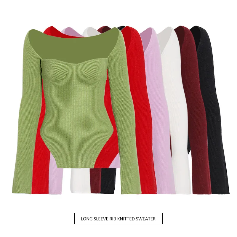 Slim Fit Long Sleeve Knitted Top V Neck Solid Color Early Autumn Fashionable Ladies' No Shoulder Sexy Commuting Style