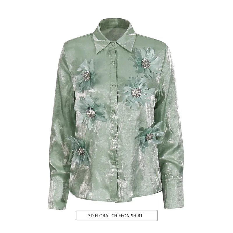 Retro Style Stand Collar Long Sleeve Women's Chiffon Shirt Floral Decoration Elegant 3D Flower Art Fashion Top