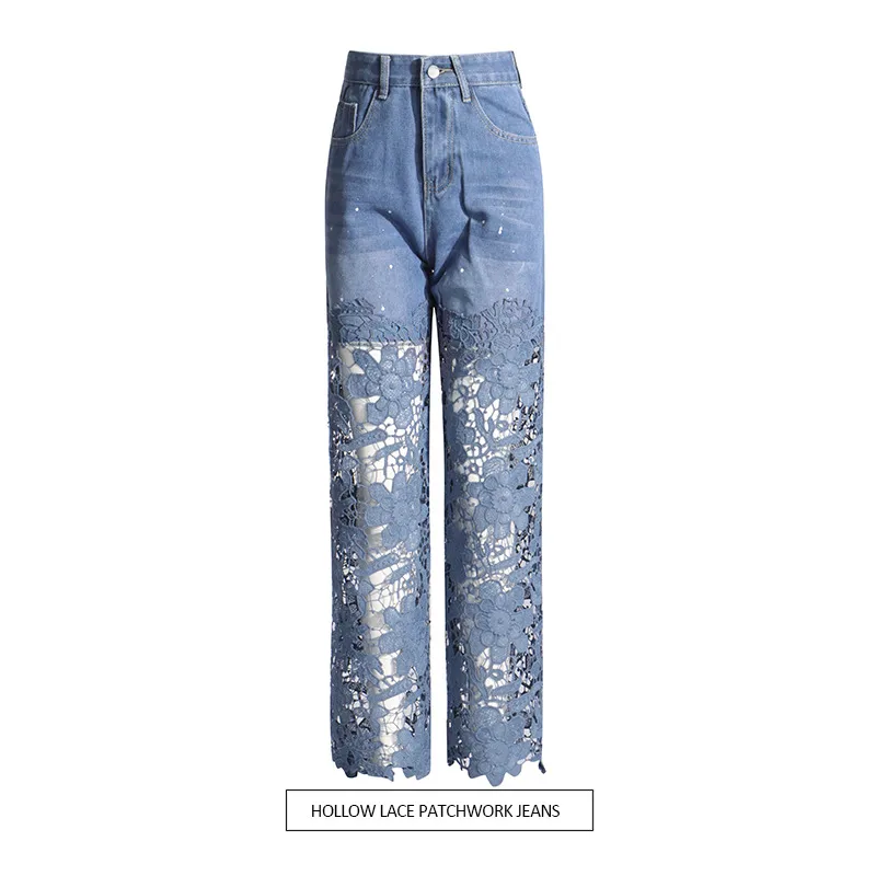 Elegant High Waist Straight Jeans Women Commuter Style Lace Design Patchwork Cotton Polyester Jeans Fashion