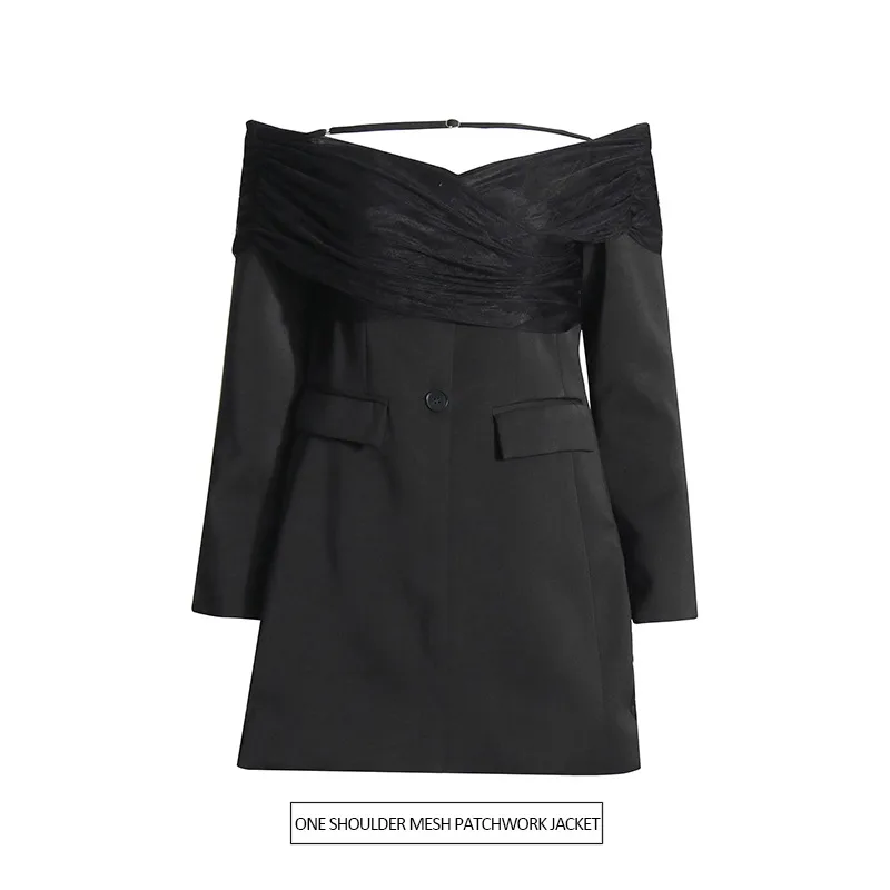 Elegant Slim Fit Single Shoulder Suit Jacket Women's High End Mesh Splice Waist Cinch Commute Style Long Sleeve Cotton Polyester