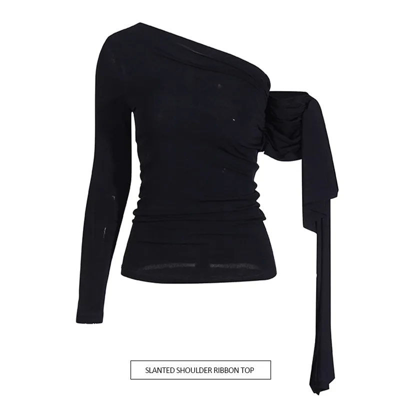 French Sexy Shoulder Bared Knitted Long Sleeve Women's Summer Top Asymmetrical Design Belt Casual Cotton Polyester T-shirt