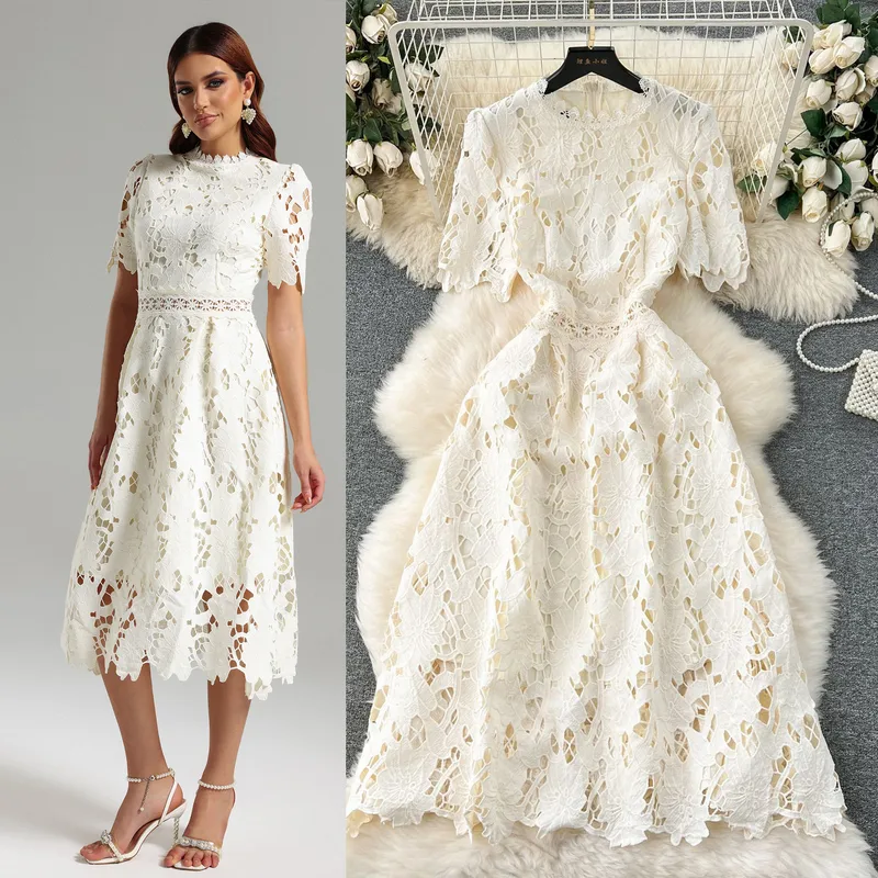 Spring Heavy Water Soluble Lace Mid-Length Dress Vacation Skirt Elegant High Waist A- Line Skirt Short Sleeve Floral Pattern Dress