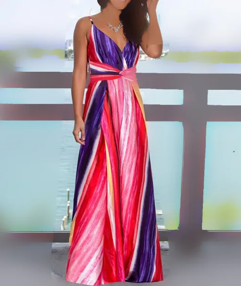 Fashion Print Beach Dress Women Strapless Maxi Skirt High Waist Ankle Length V-neck Sleeveless Expansion Skirt Suitable For Spring And Summer Season