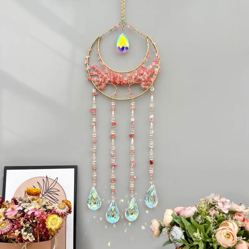Natural Stone Crystal Moon Decorations Lucky Tree Sun Catcher Wind Chimes Pendant High-End Simple Handmade Wedding Birthday Gift